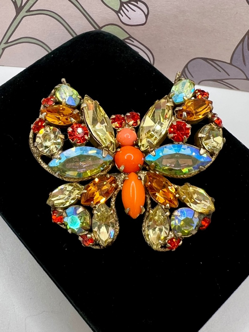 Regency Butterfly Brooch AB and Uranium Glass Stones